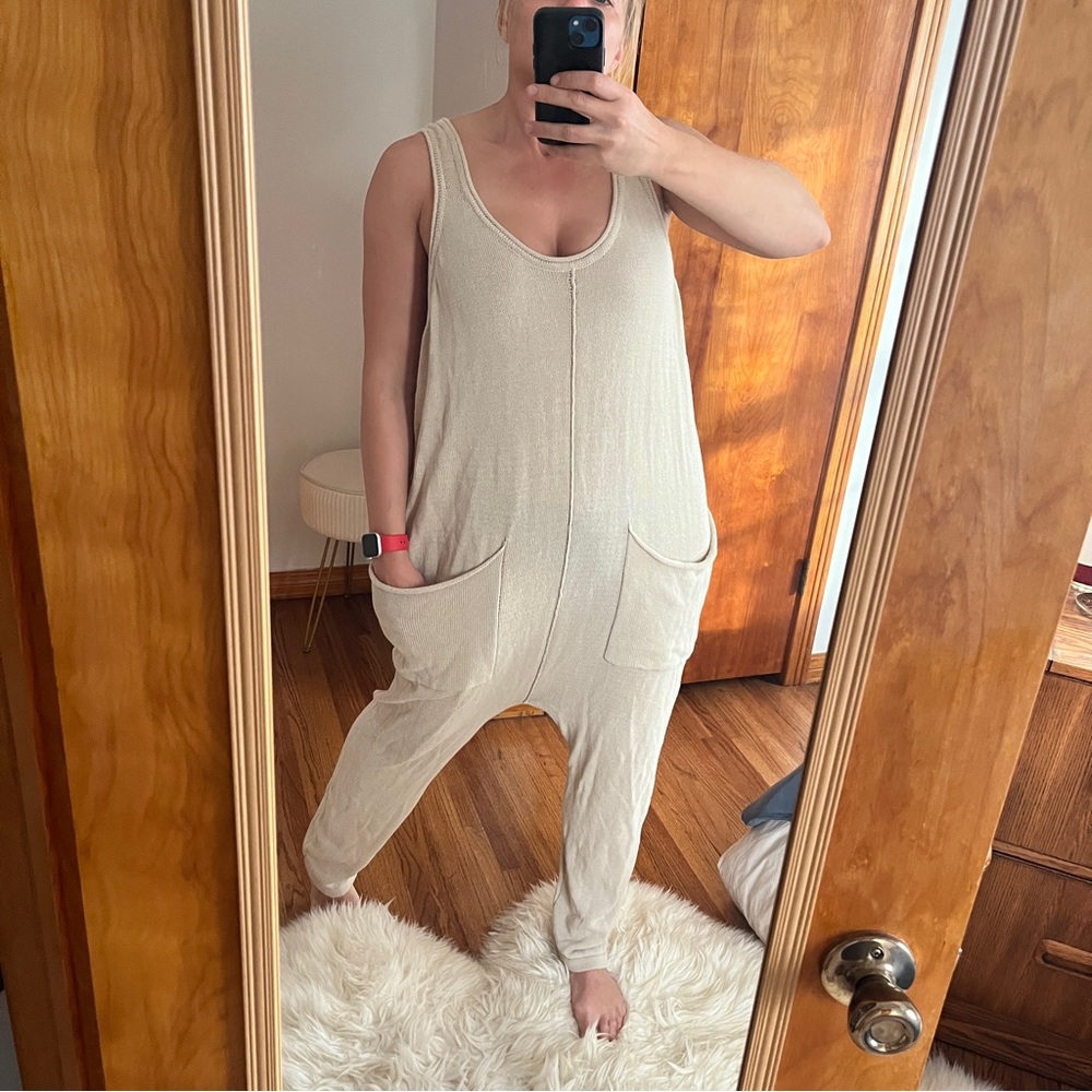 Free People Beach Cream Knit Sleeveless Jumpsuit with Pockets